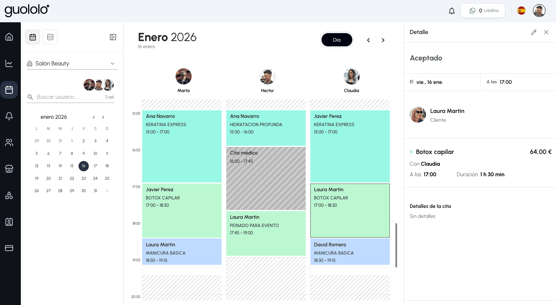 Vista desktop del calendario de reservas