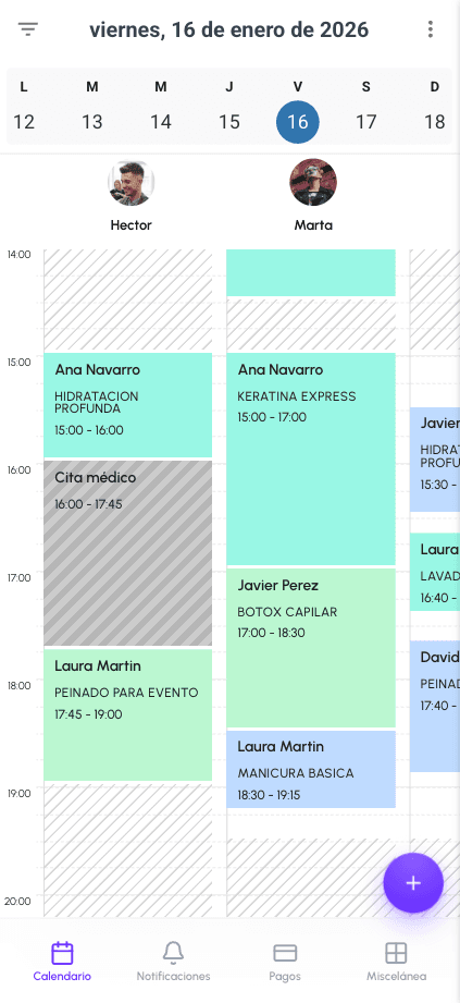 Vista móvil del calendario de reservas